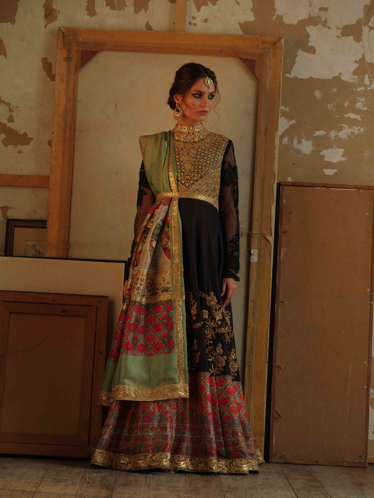 Pakistani Black Zardozi Raw Silk Pishwas (2-Piece) - Image 2