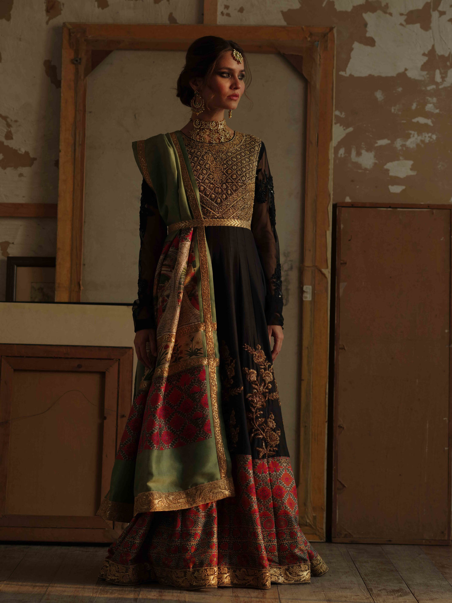 Pakistani Black Zardozi Raw Silk Pishwas (2-Piece) - Image 3