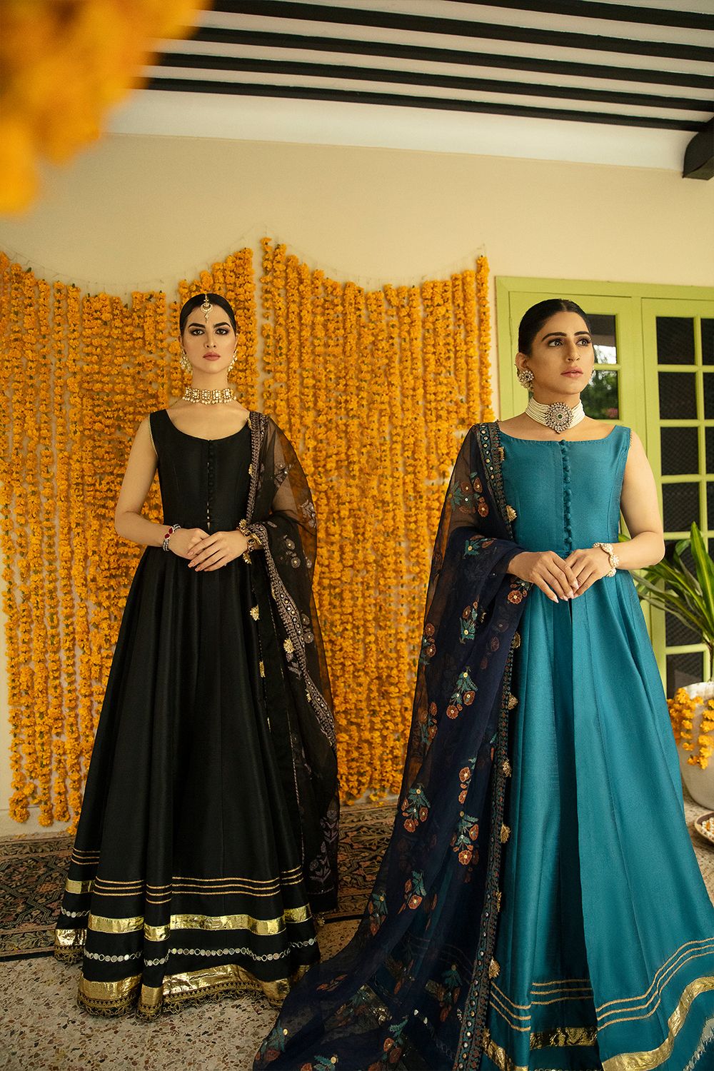 Pakistani Black & Teal Embroidered Silk-Blend Pishwas (3-Piece) - Image 1