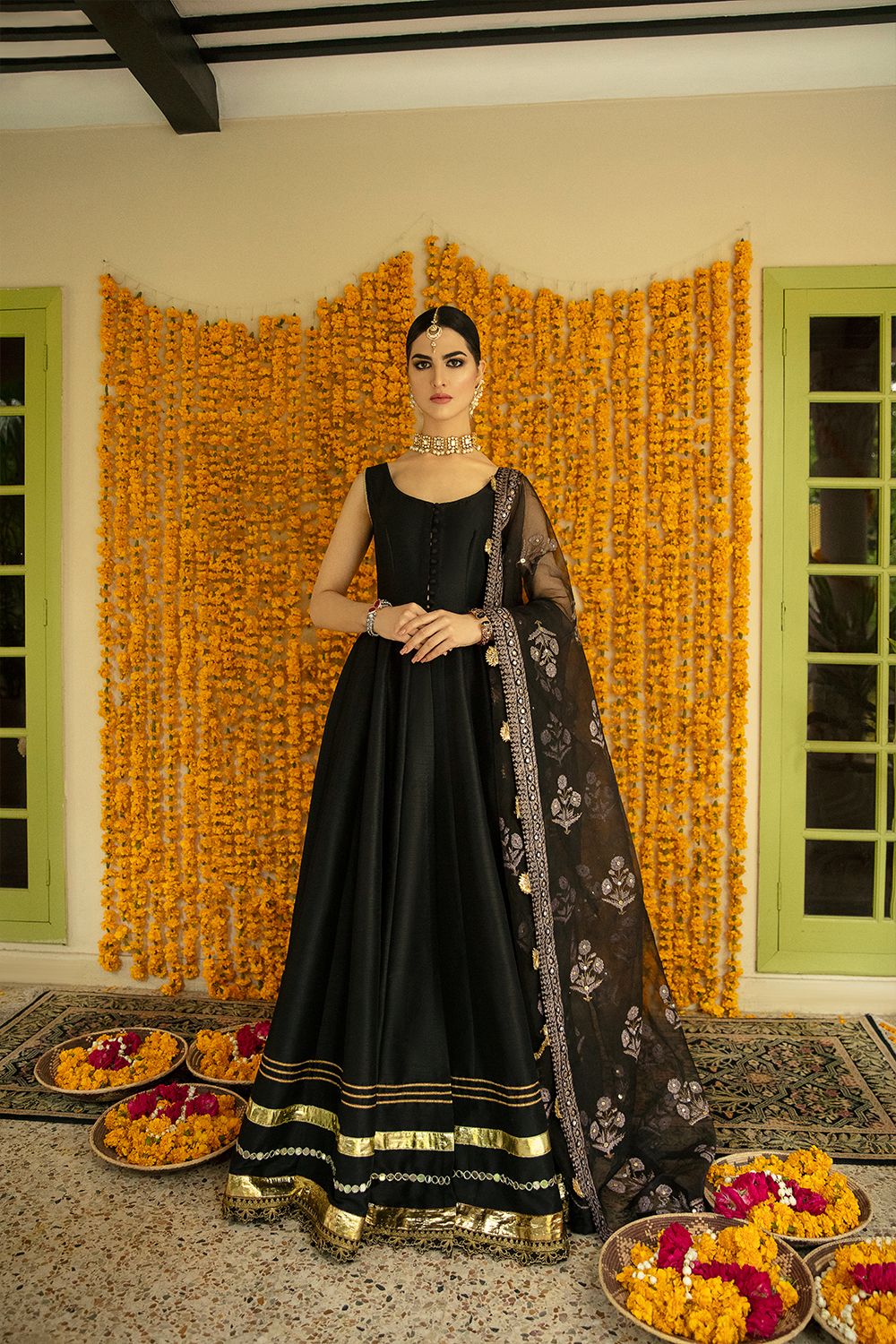 Pakistani Black & Teal Embroidered Silk-Blend Pishwas (3-Piece) - Image 2