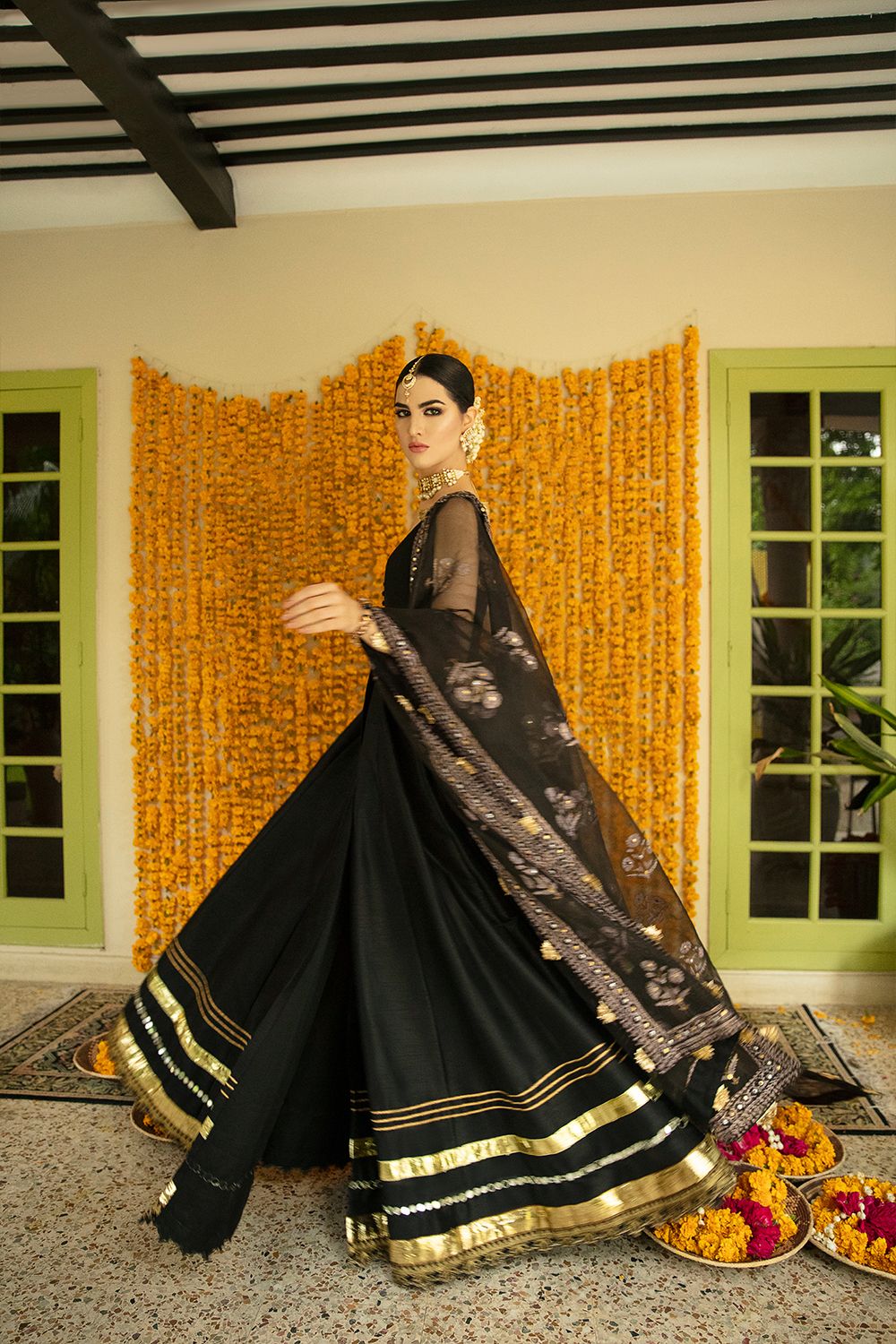 Pakistani Black & Teal Embroidered Silk-Blend Pishwas (3-Piece) - Image 3