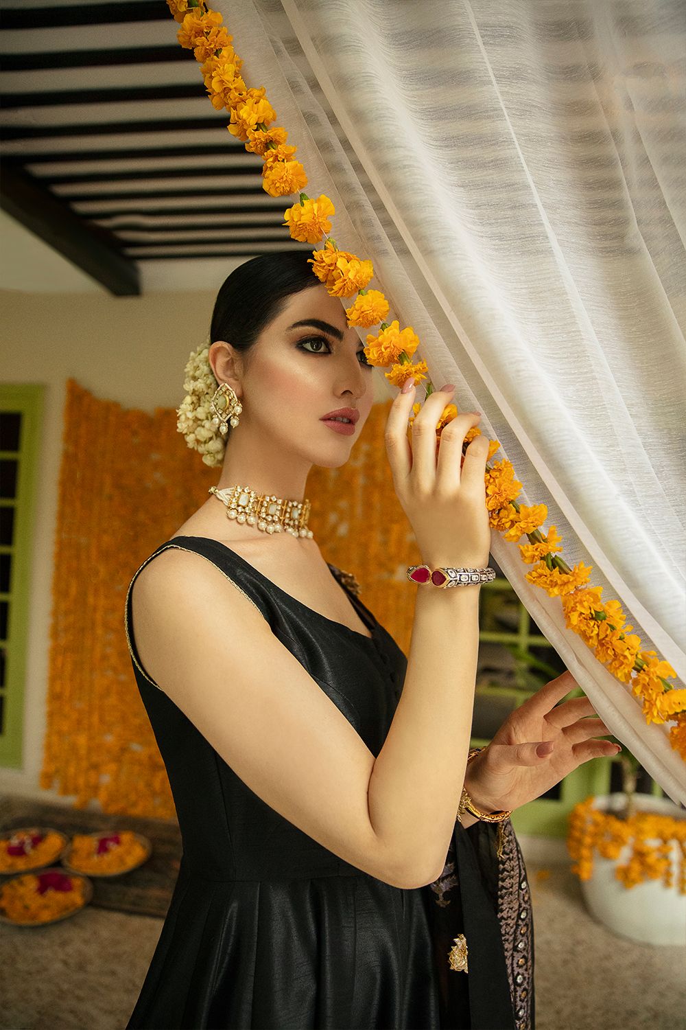 Pakistani Black & Teal Embroidered Silk-Blend Pishwas (3-Piece) - Image 4