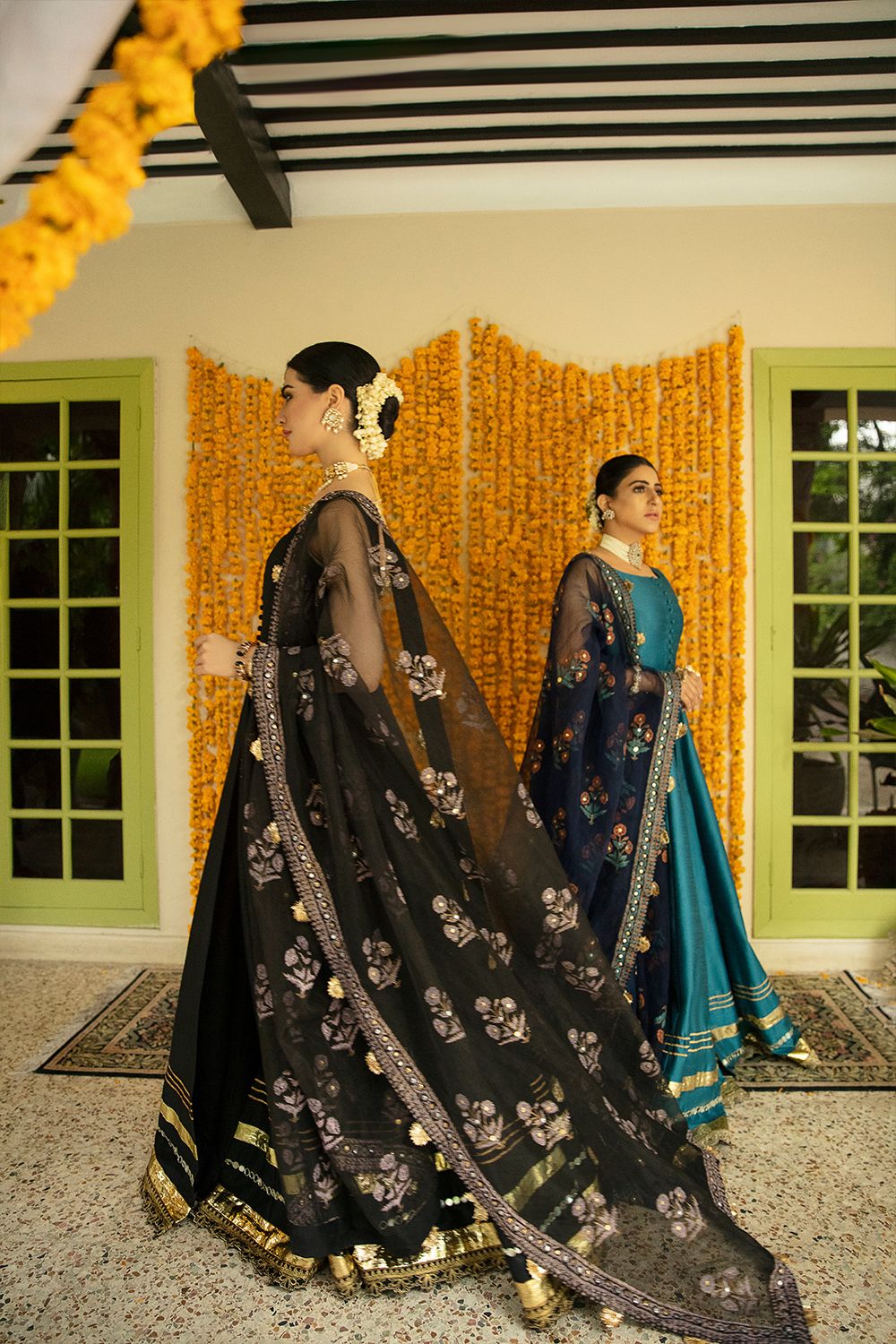 Pakistani Black & Teal Embroidered Silk-Blend Pishwas (3-Piece) - Image 5