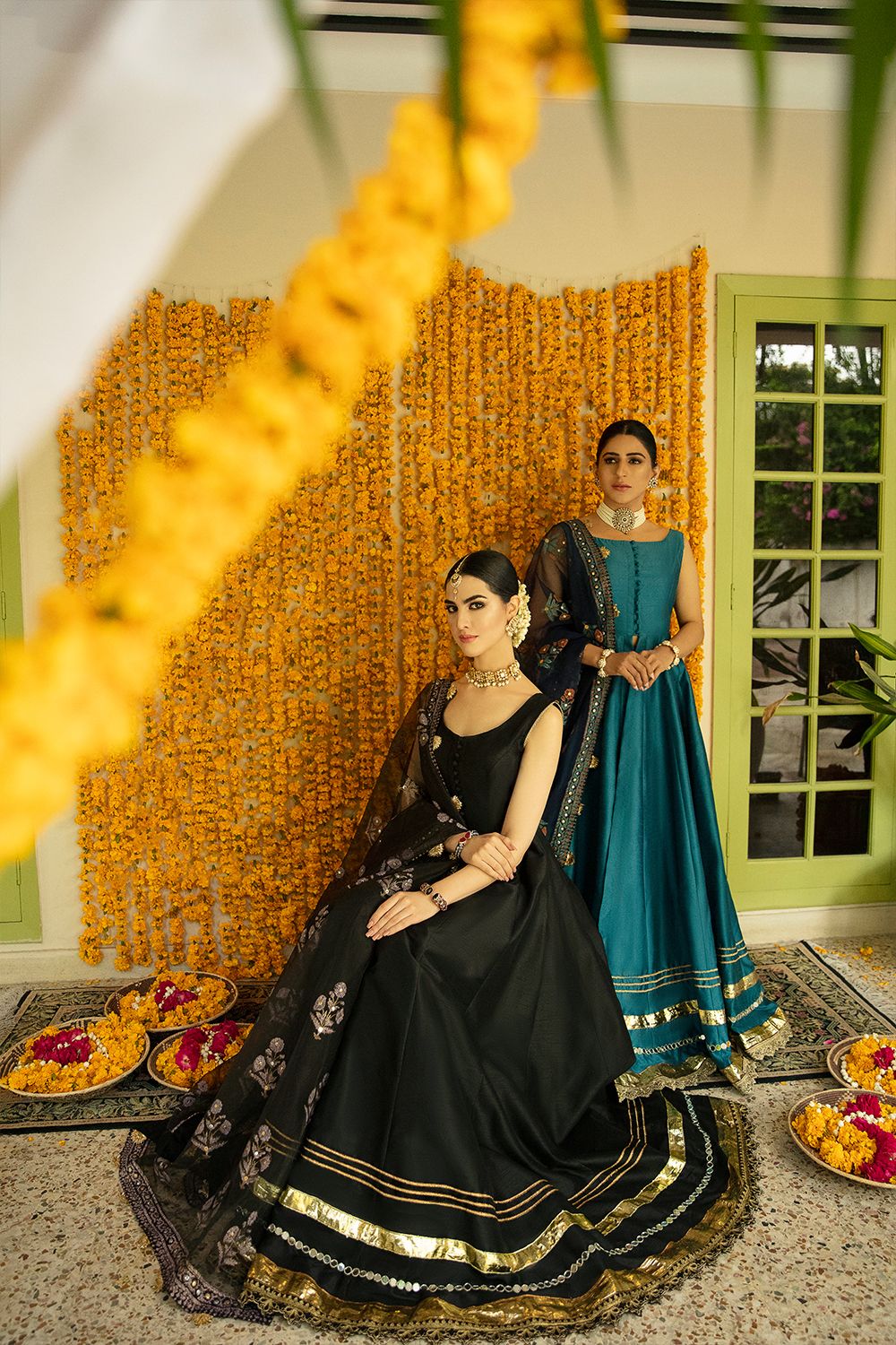 Pakistani Black & Teal Embroidered Silk-Blend Pishwas (3-Piece) - Image 6