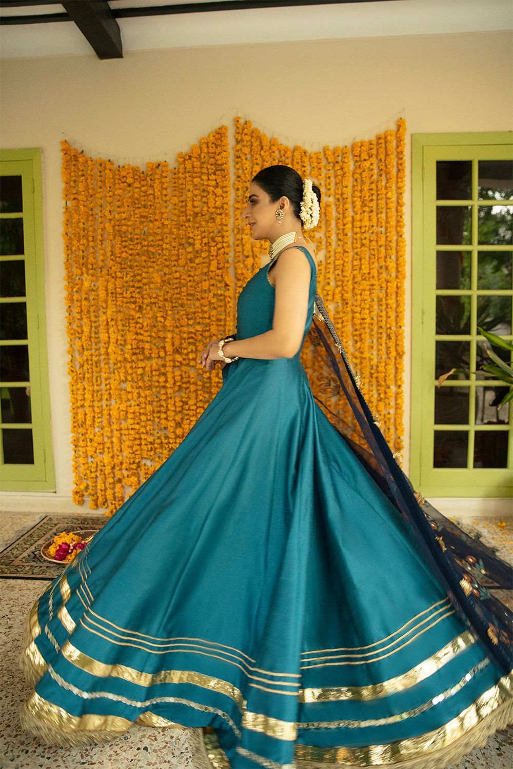 Pakistani Black & Teal Embroidered Silk-Blend Pishwas (3-Piece) - Image 7