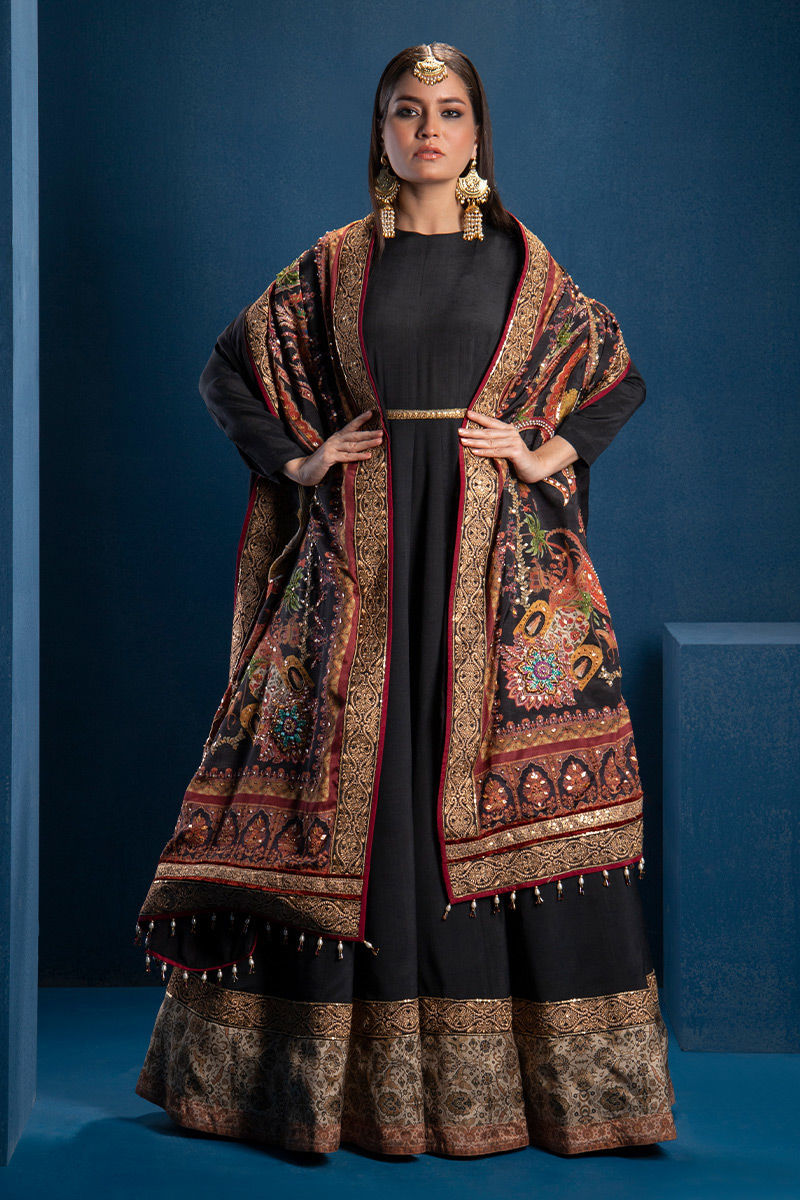 Black Embellished Silk Pishwas Dress (2-Piece) - Image 1
