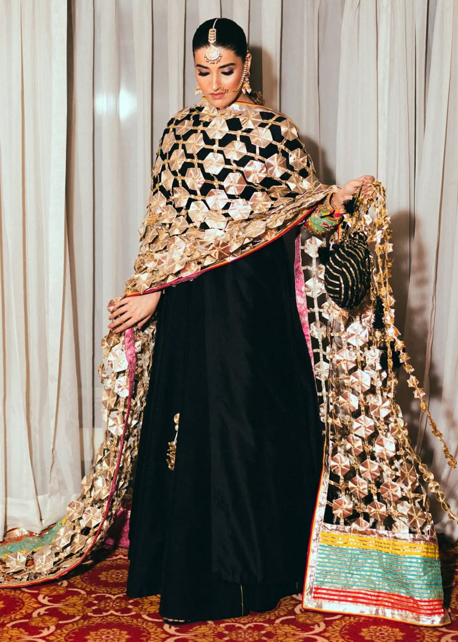 Black Gota Silk Pishwas Dress (2-Piece) - Image 7