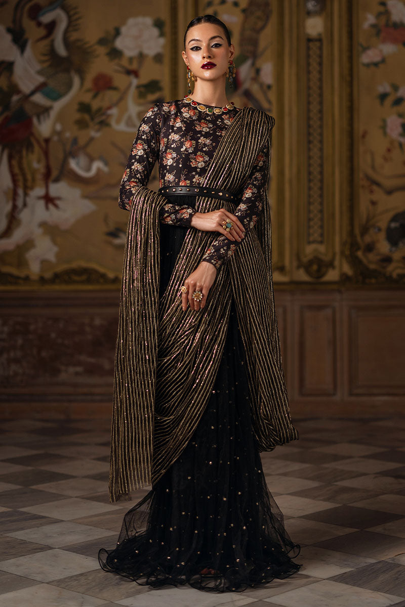 Pakistani Black Sequin Printed Silk Pishwas (2-Piece) - Image 1