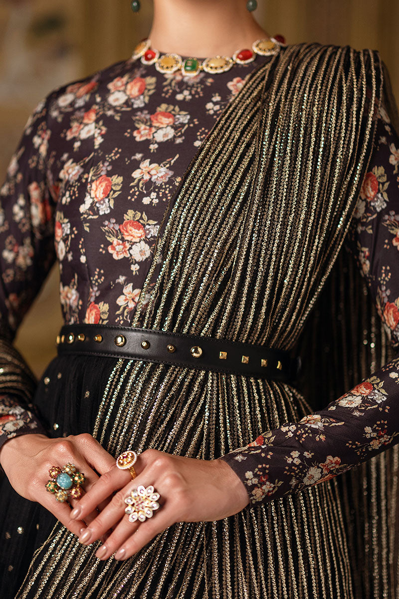 Pakistani Black Sequin Printed Silk Pishwas (2-Piece) - Image 3