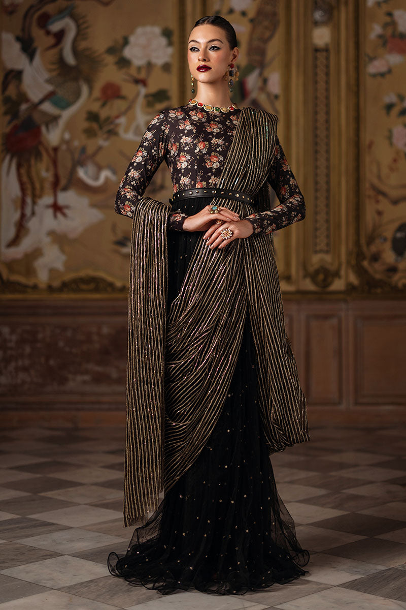 Pakistani Black Sequin Printed Silk Pishwas (2-Piece) - Image 4