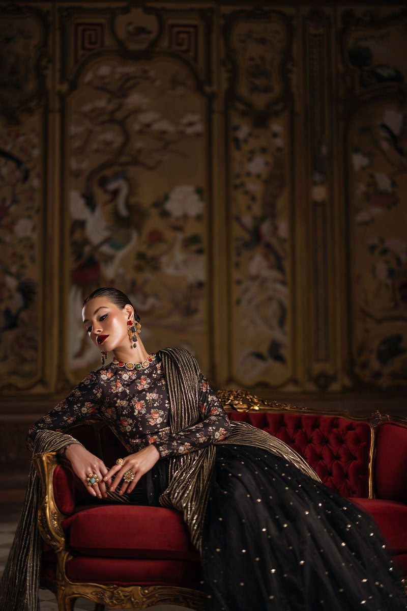 Pakistani Black Sequin Printed Silk Pishwas (2-Piece) - Image 5