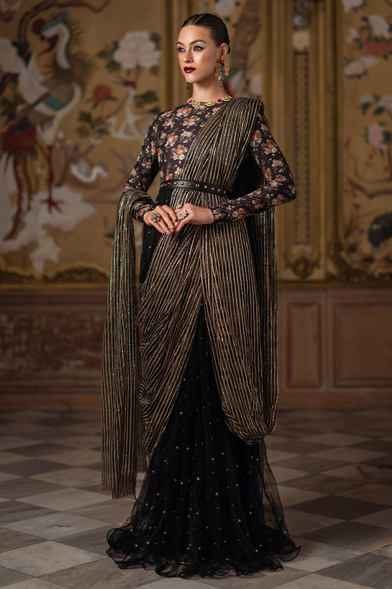 Pakistani Black Sequin Printed Silk Pishwas (2-Piece) - Image 6