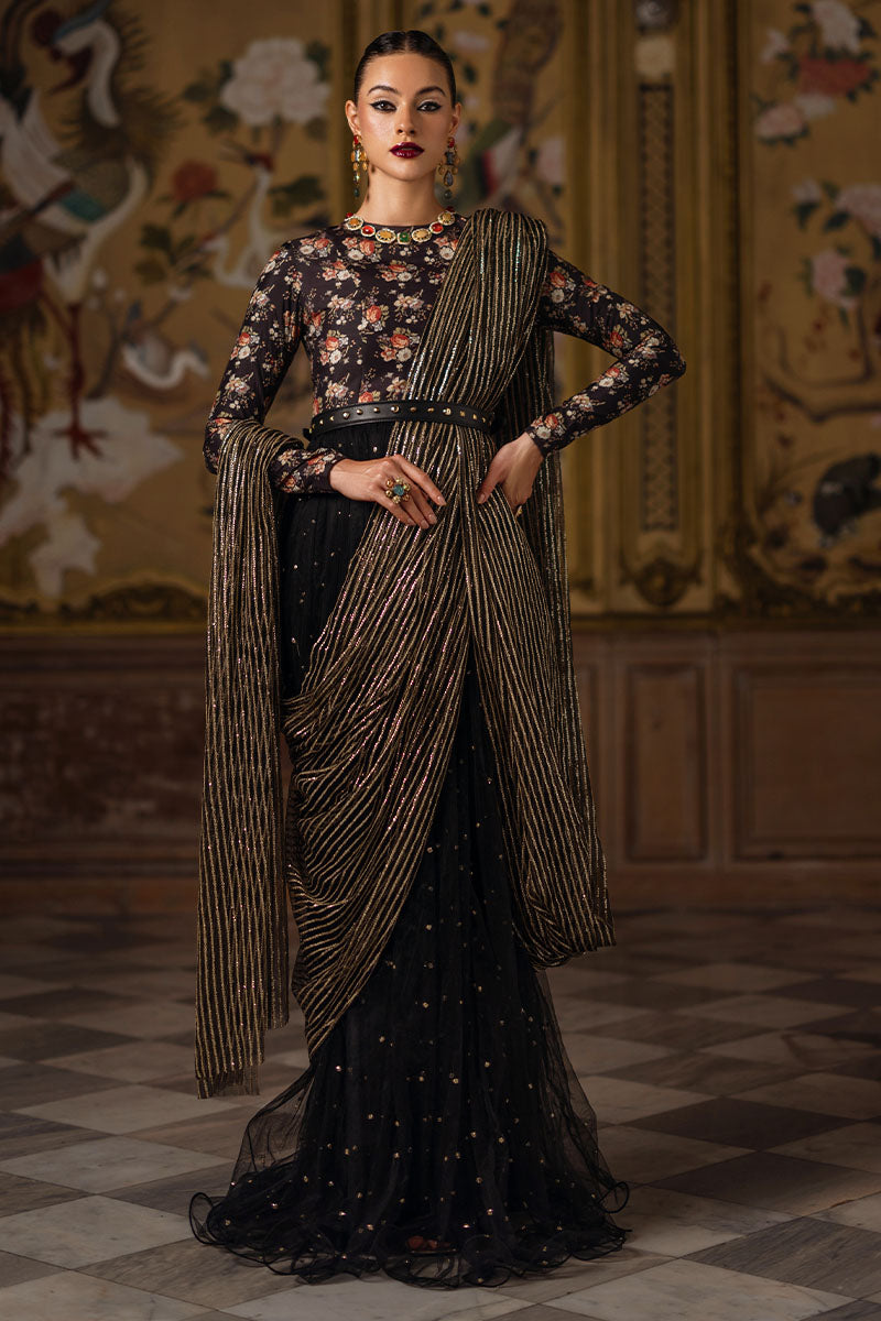 Pakistani Black Sequin Printed Silk Pishwas (2-Piece) - Image 7