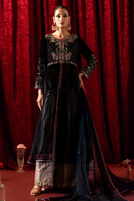 Pakistani Black Embroidered Velvet Pishwas Dress (3-Piece) - Image 2