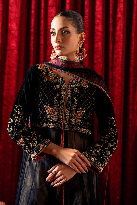 Pakistani Black Embroidered Velvet Pishwas Dress (3-Piece) - Image 4
