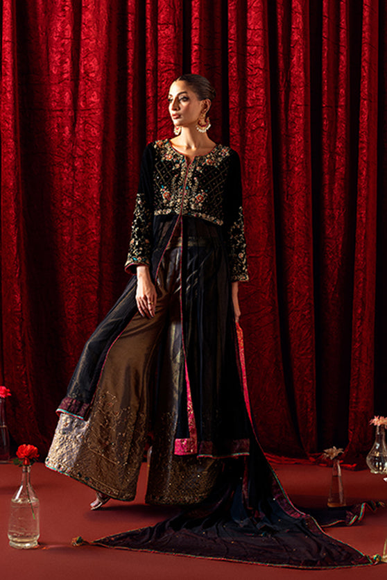 Pakistani Black Embroidered Velvet Pishwas Dress (3-Piece) - Image 5