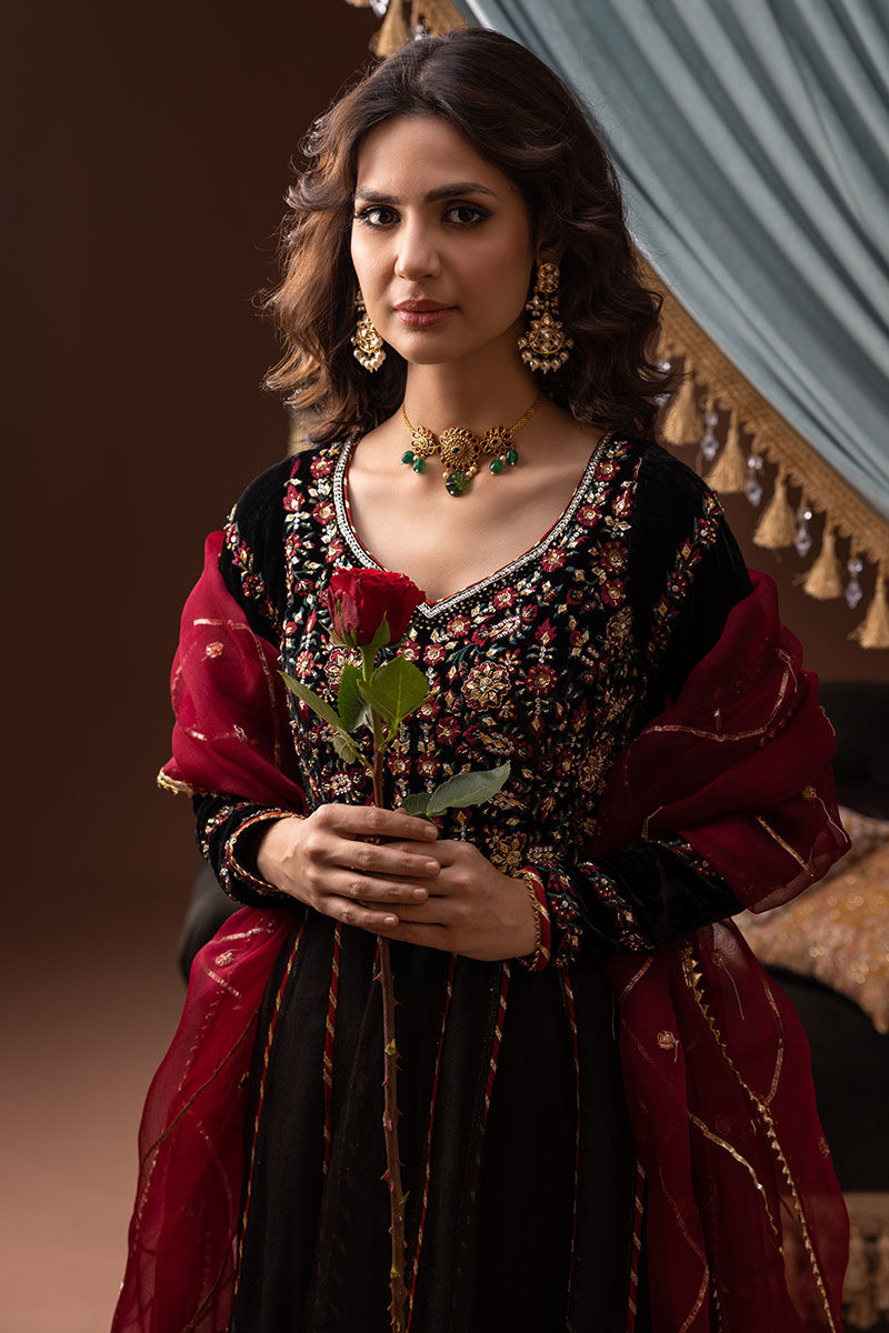 Black Embroidered Velvet Organza Pishwas (2-Piece) - Image 2