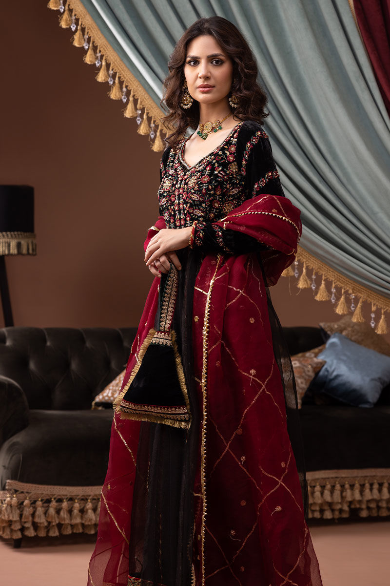 Black Embroidered Velvet Organza Pishwas (2-Piece) - Image 4