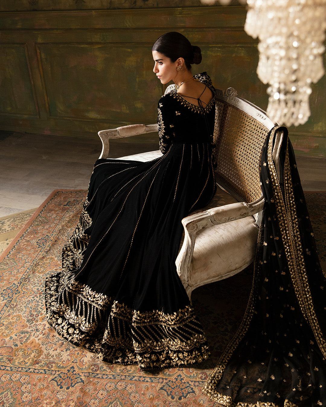 Pakistani Black Embroidered Velvet Pishwas Dress (3-Piece) - Image 3
