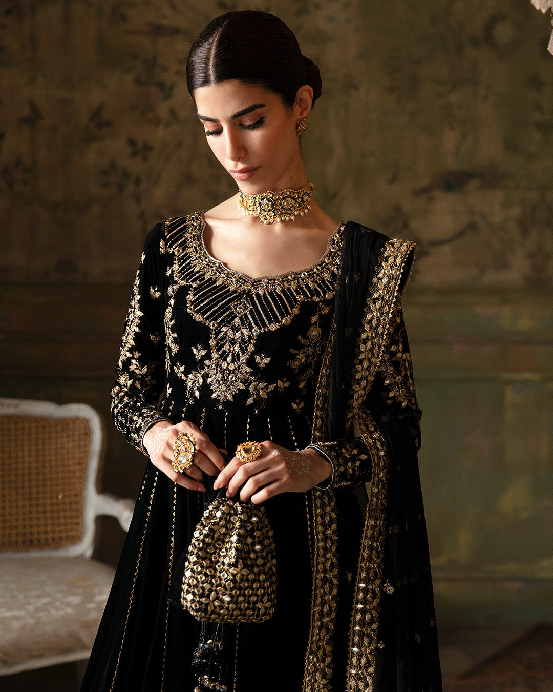 Pakistani Black Embroidered Velvet Pishwas Dress (3-Piece) - Image 5