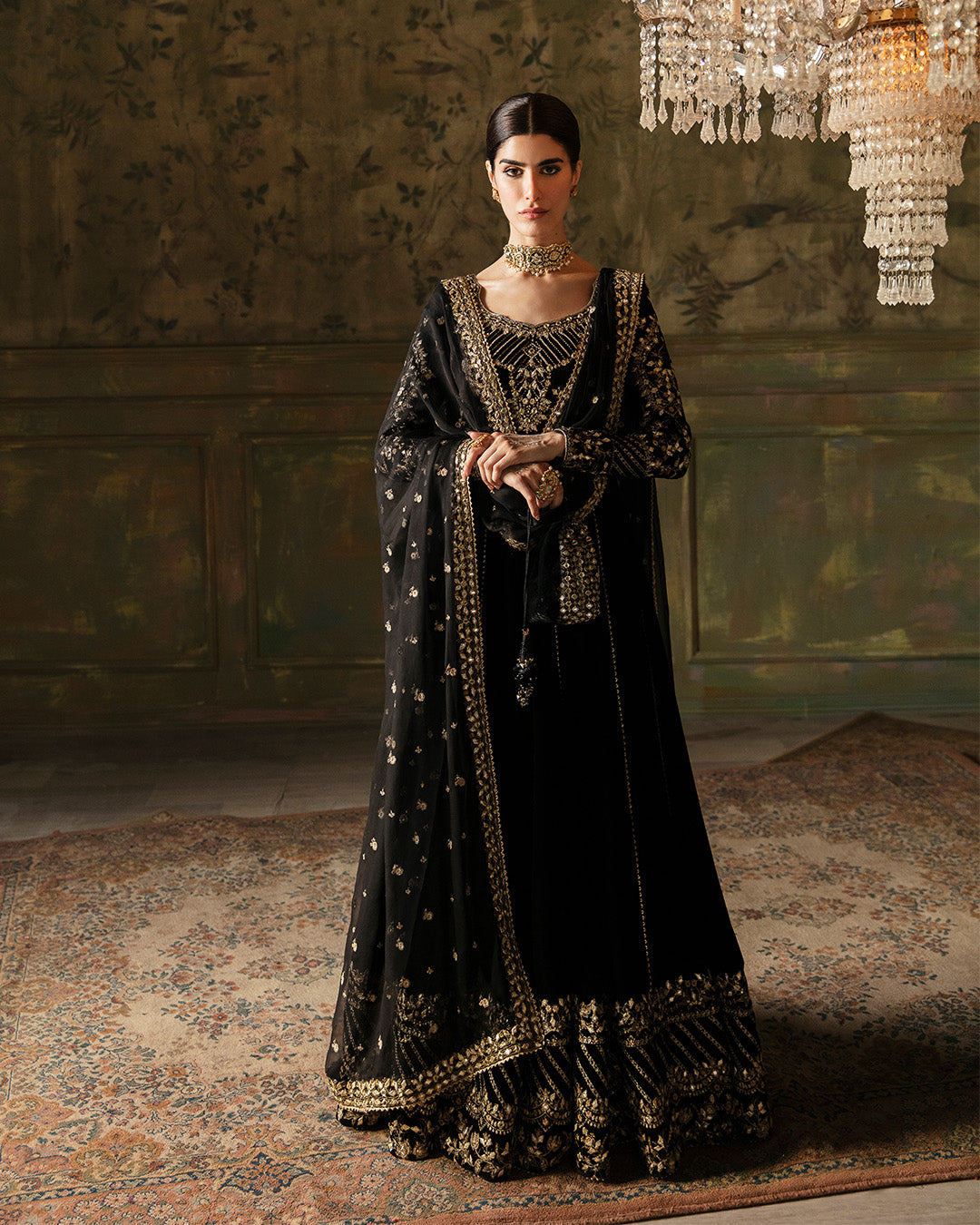 Pakistani Black Velvet Embroidered Pishwas Dress (3-Piece) - Image 1
