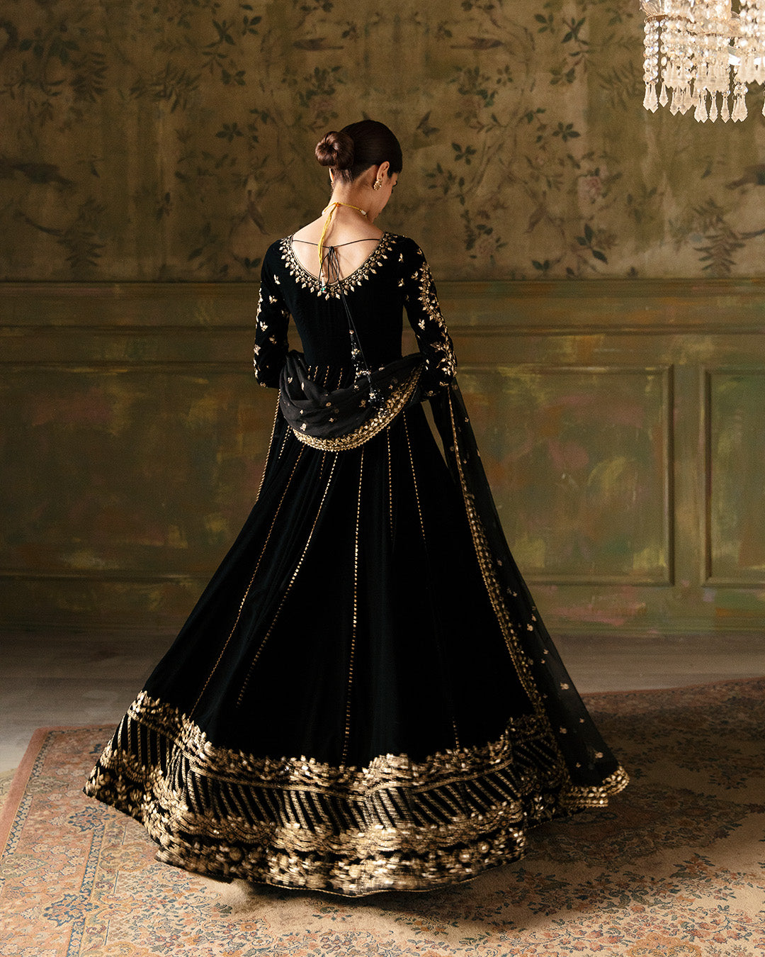 Pakistani Black Velvet Embroidered Pishwas Dress (3-Piece) - Image 2