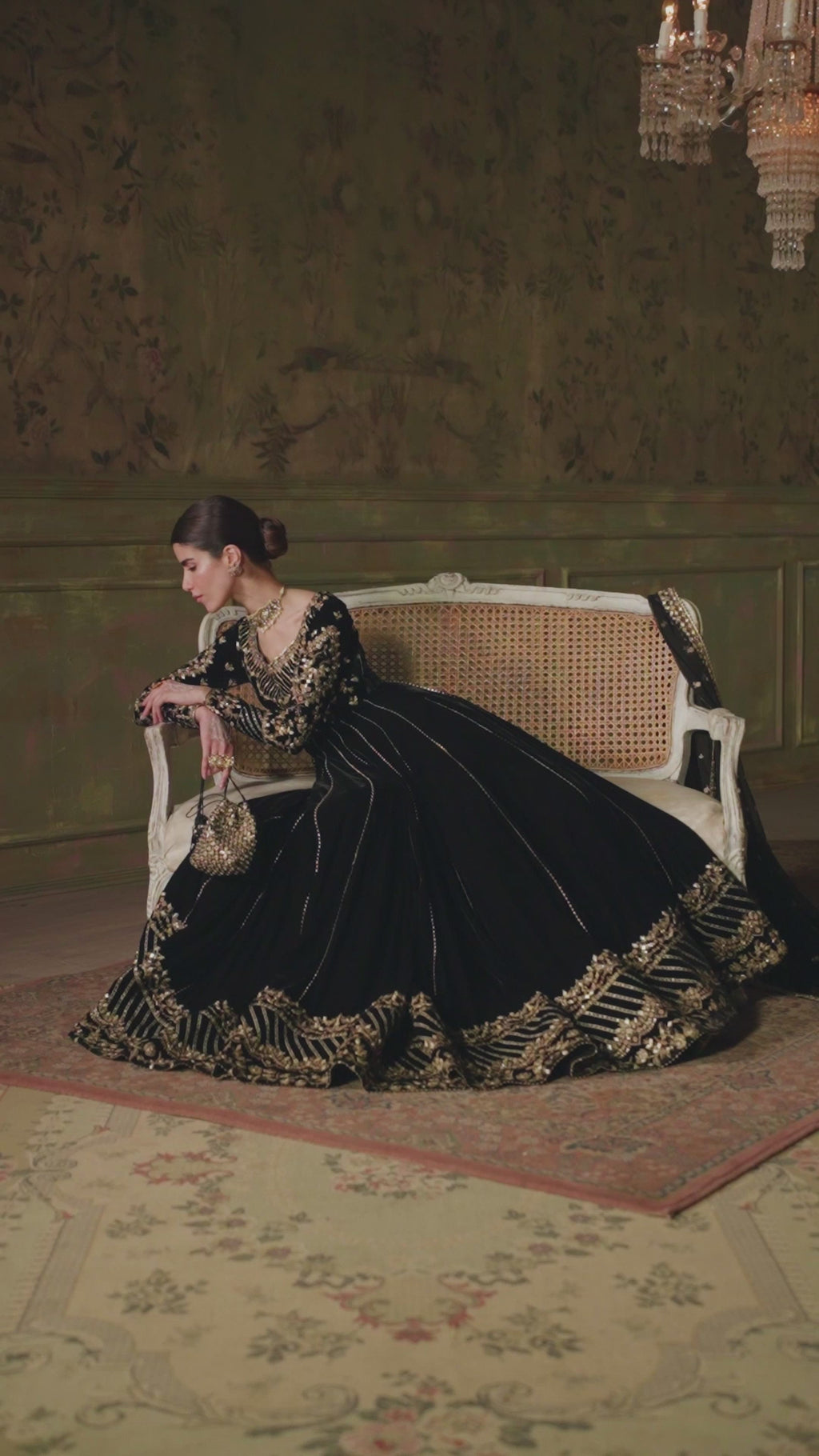 Pakistani Black Velvet Embroidered Pishwas Dress (3-Piece) - Image 6