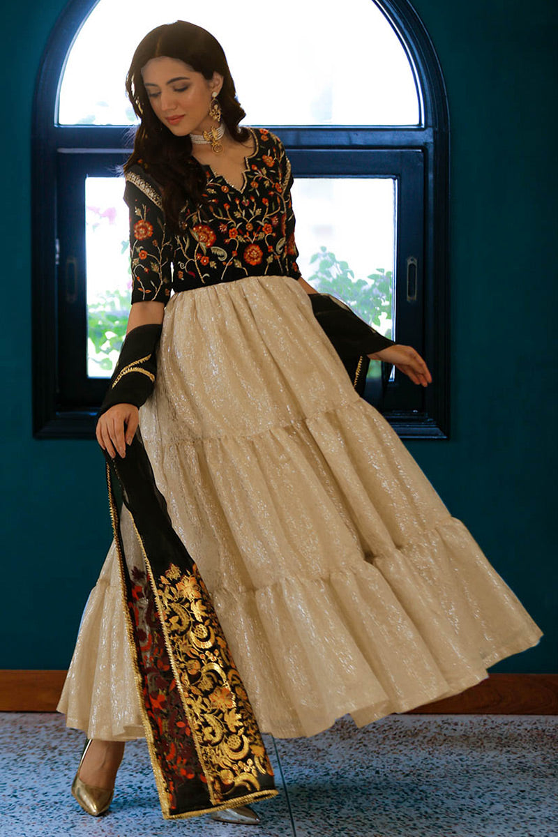 Black Velvet Embroidered Pishwas Dress (2-Piece) - Image 1