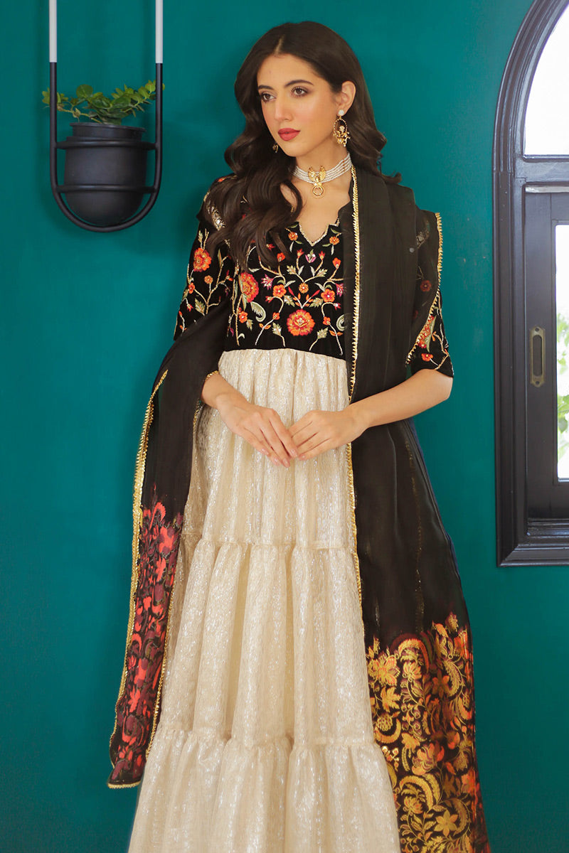 Black Velvet Embroidered Pishwas Dress (2-Piece) - Image 2