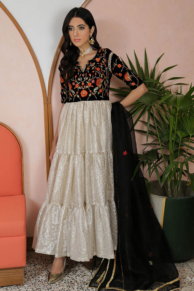 Black Velvet Embroidered Pishwas Dress (2-Piece) - Image 3