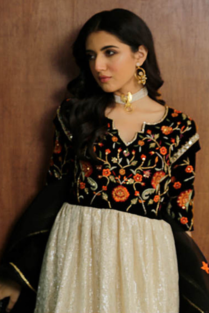 Black Velvet Embroidered Pishwas Dress (2-Piece) - Image 4