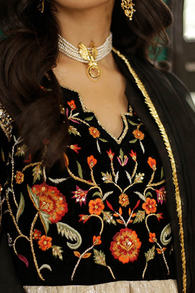 Black Velvet Embroidered Pishwas Dress (2-Piece) - Image 5