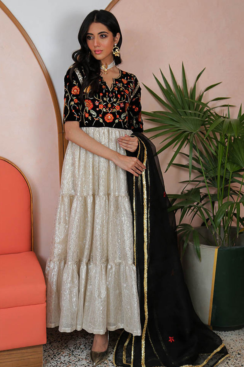 Black Velvet Embroidered Pishwas Dress (2-Piece) - Image 6
