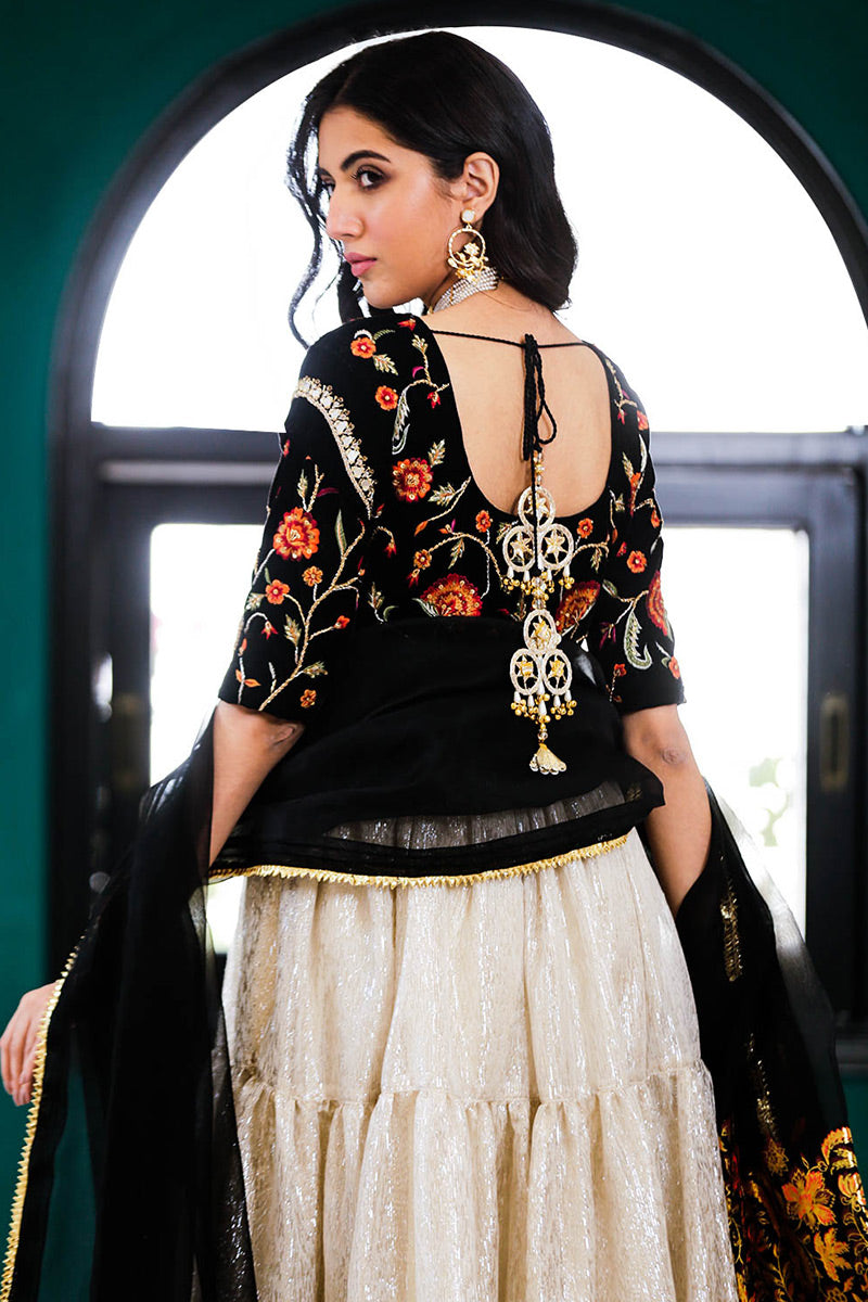 Black Velvet Embroidered Pishwas Dress (2-Piece) - Image 7