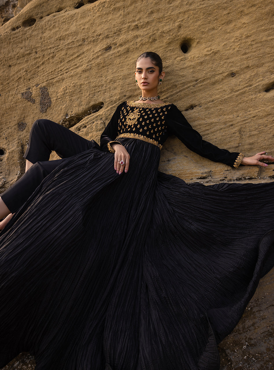 Black Zari Resham Velvet Organza Pishwas (3-Piece) - Image 5