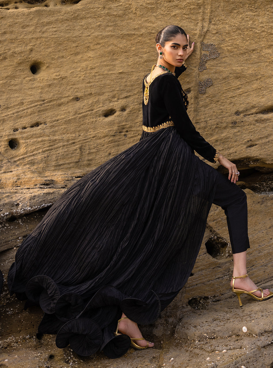 Black Zari Resham Velvet Organza Pishwas (3-Piece) - Image 6