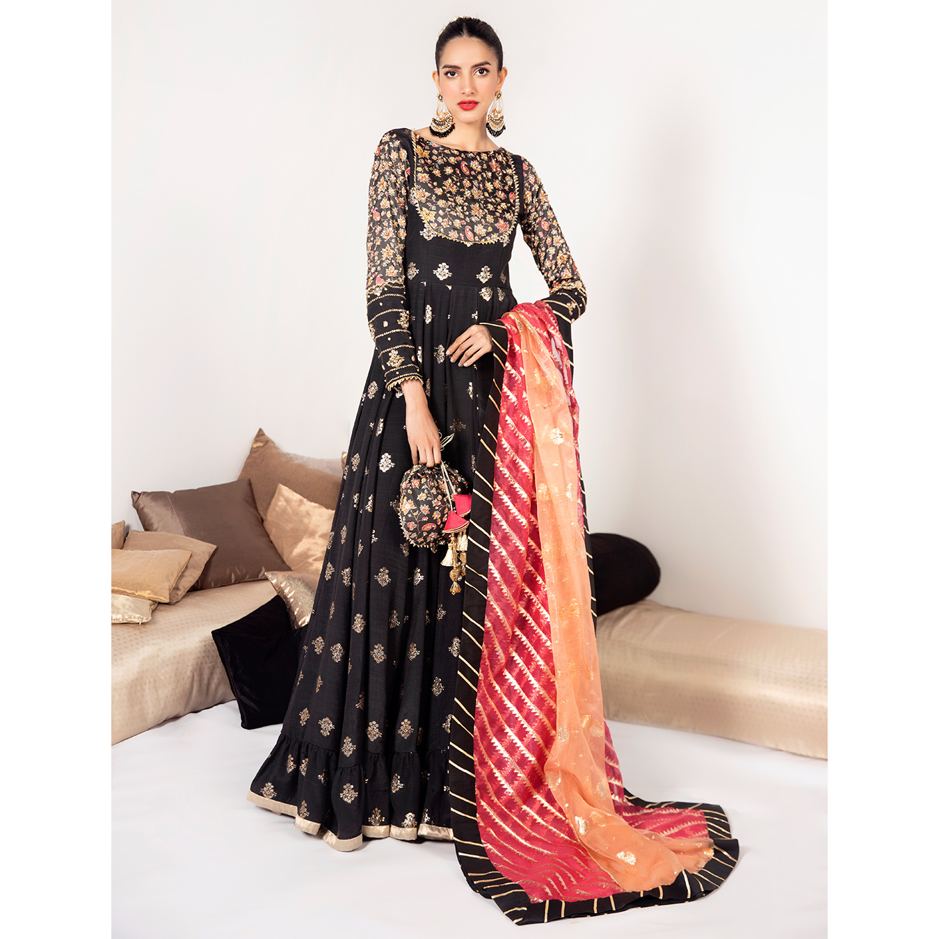 Black Zari Raw Silk Kalidaar Pishwas (3-Piece) - Image 1