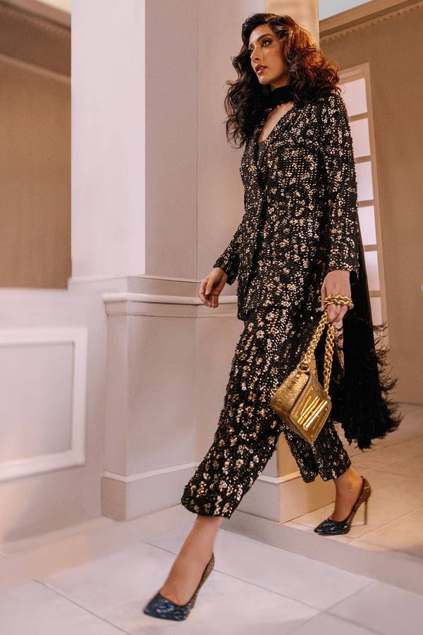 Pakistani Black Sequin & Crystal Embellished Power Suit (3-Piece) - Image 2