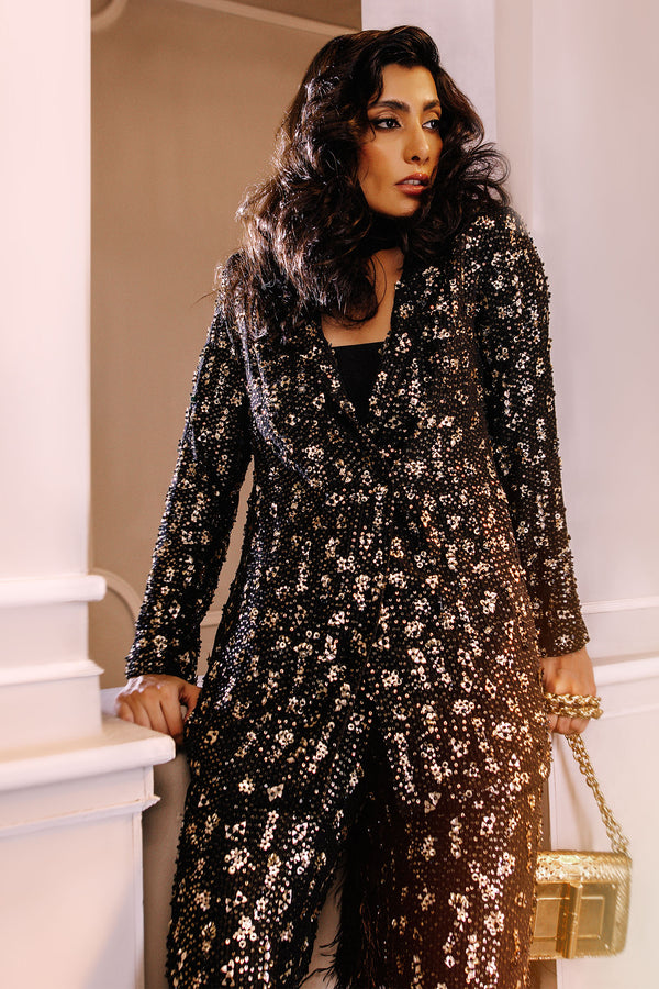 Pakistani Black Sequin & Crystal Embellished Power Suit (3-Piece) - Image 6