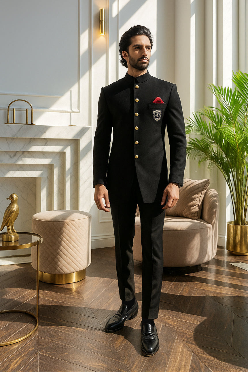 Black Embroidered Armani Fabric Prince Suit (3-Piece) - Image 2