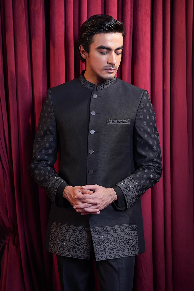 Black Naqshi Embroidered Baar Silk Prince Coat (3-Piece) - Image 2
