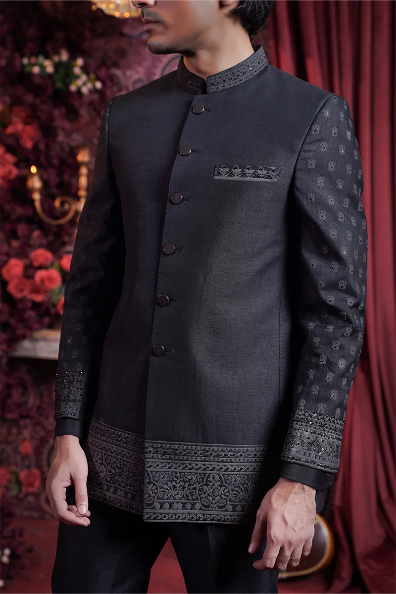 Black Naqshi Embroidered Baar Silk Prince Coat (3-Piece) - Image 3