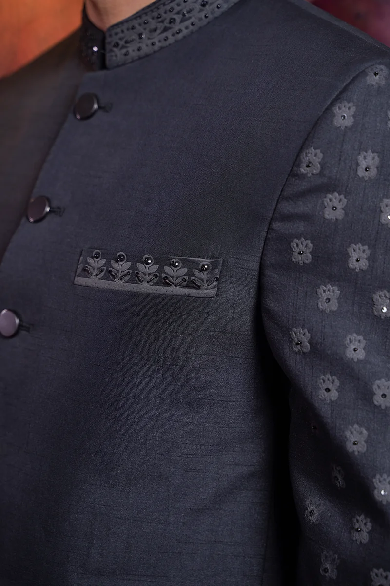 Black Naqshi Embroidered Baar Silk Prince Coat (3-Piece) - Image 4