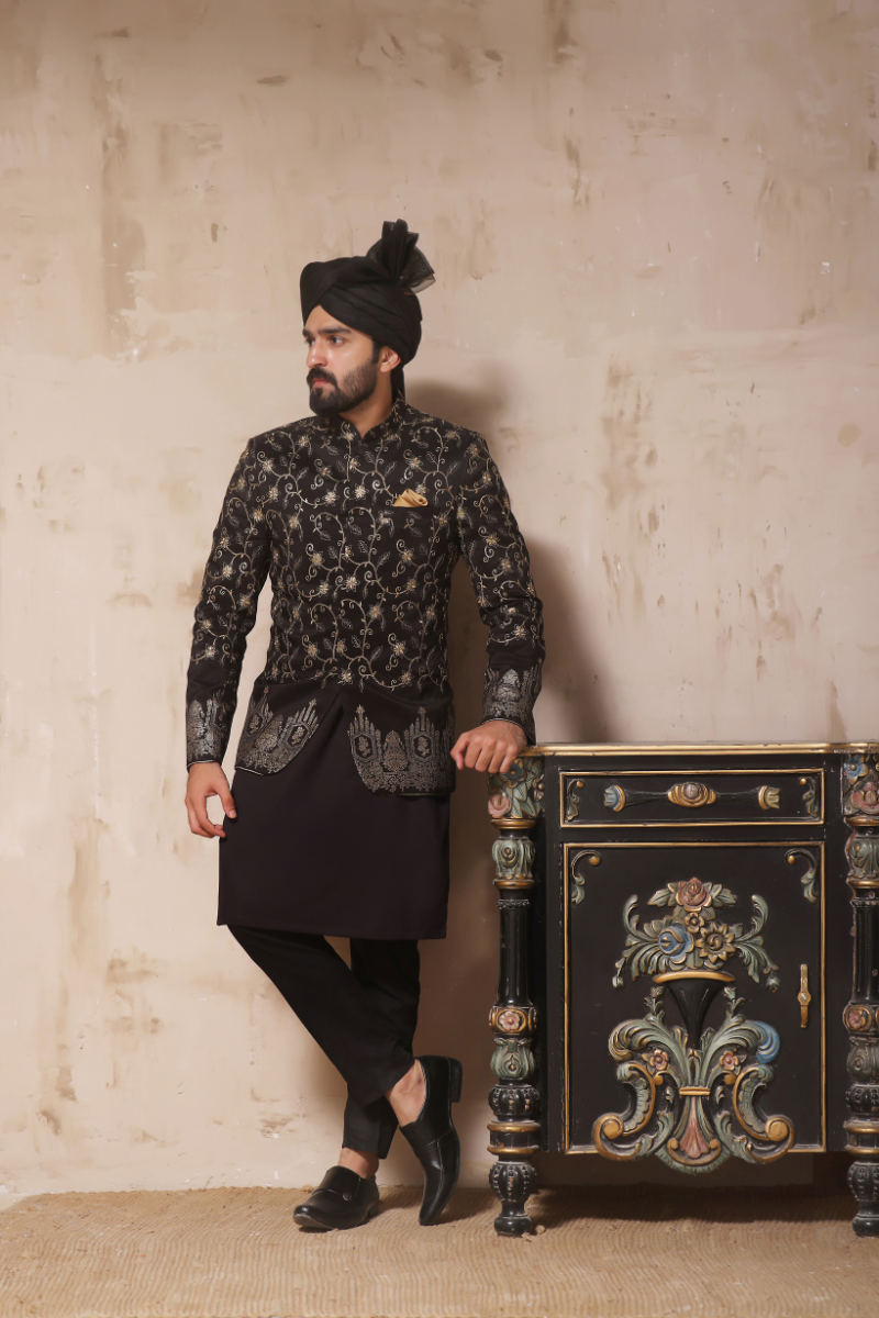Black Zari Embroidered Banarsi Prince Coat (3-Piece) - Image 1