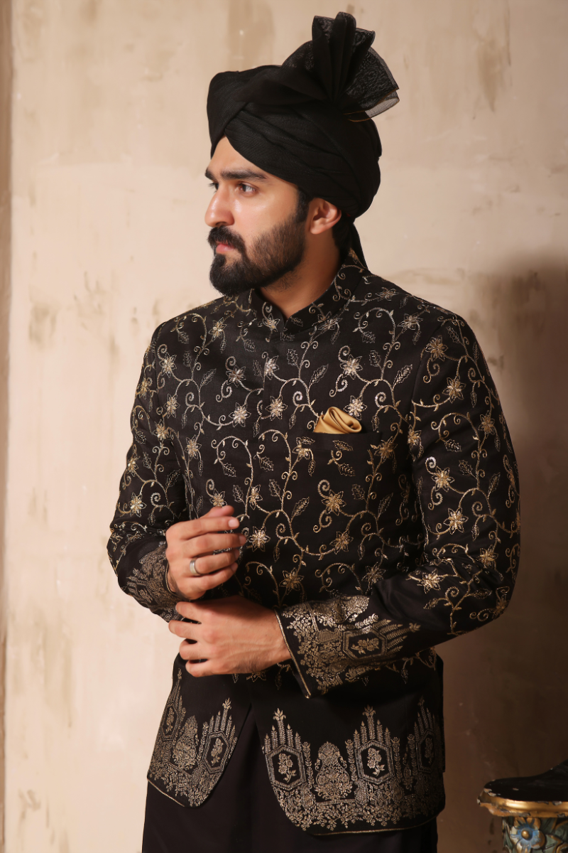 Black Zari Embroidered Banarsi Prince Coat (3-Piece) - Image 2