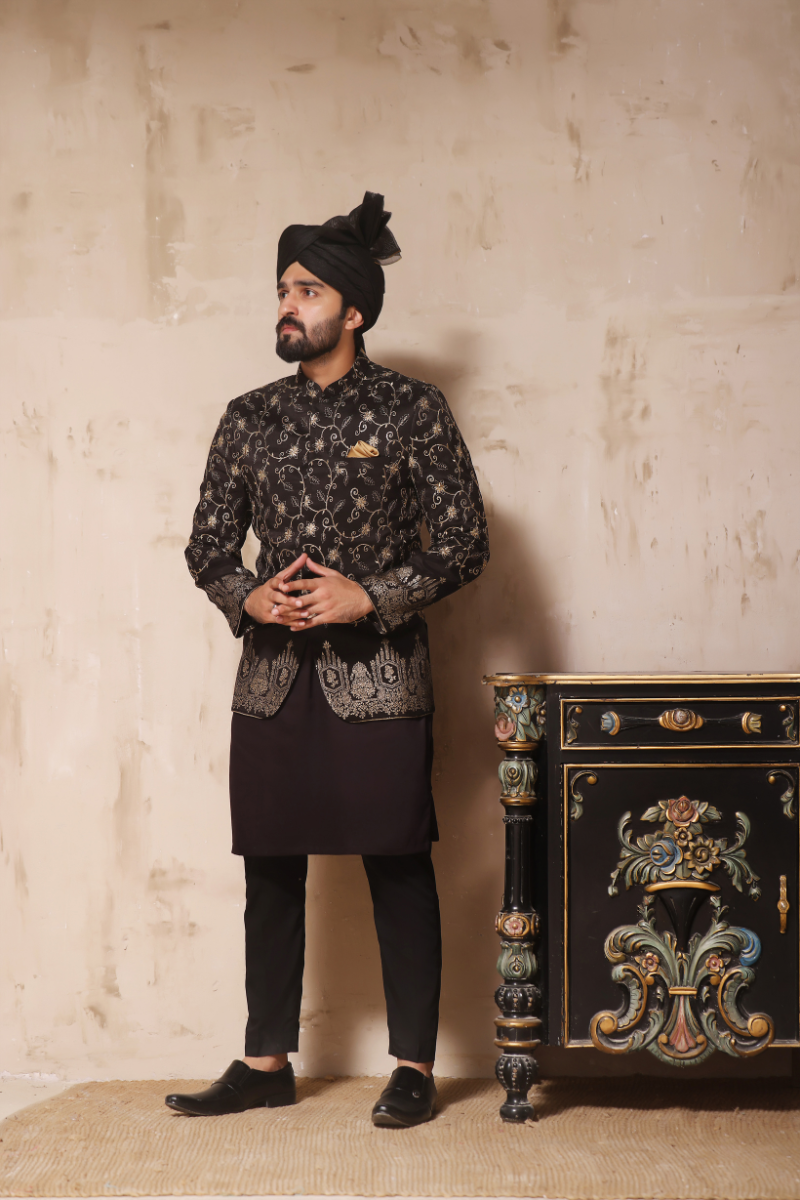 Black Zari Embroidered Banarsi Prince Coat (3-Piece) - Image 3
