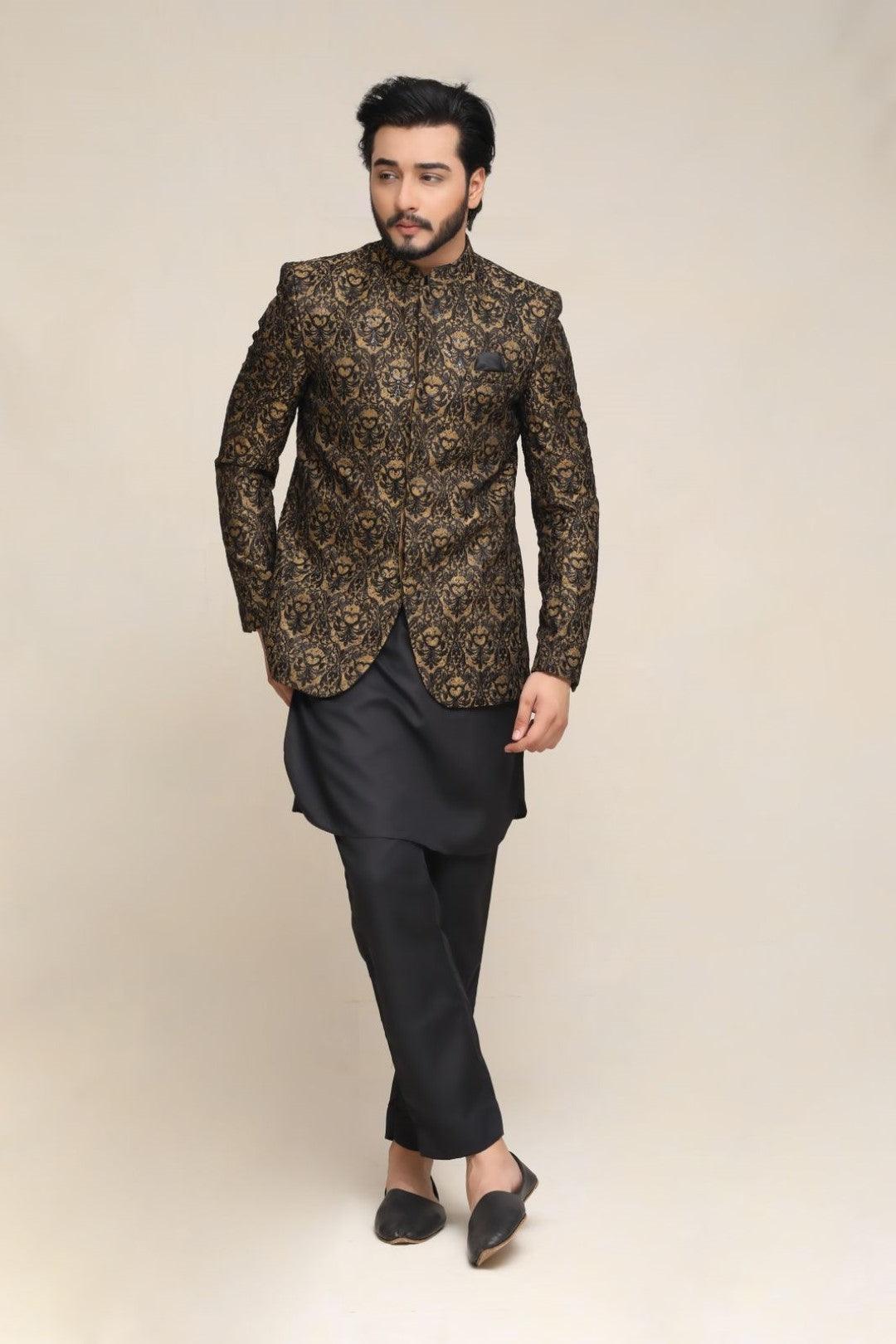 Golden Black Embroidered Silk-Blend Prince Coat (1-Pc) - Image 1