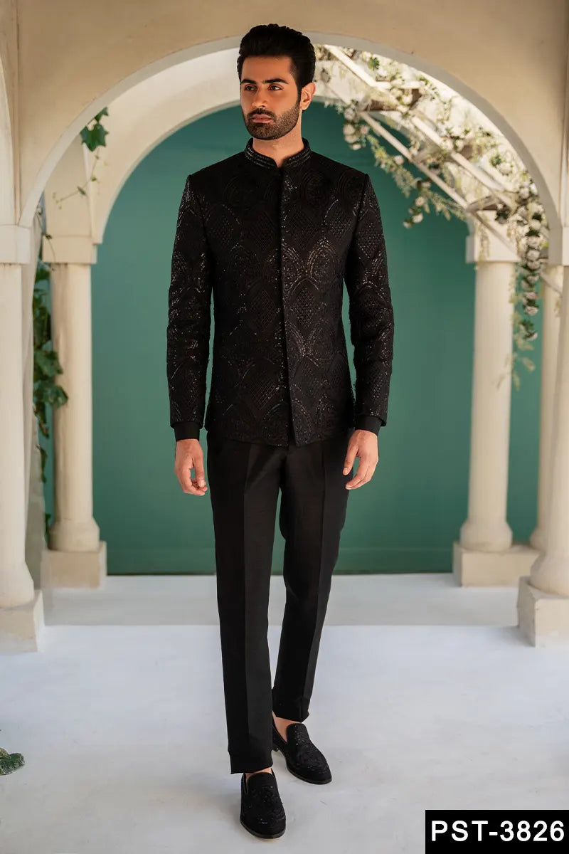 Black Embroidered Brocade Prince Suit (3-Piece) - Image 1