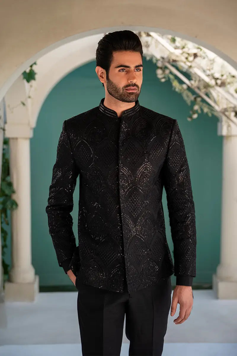 Black Embroidered Brocade Prince Suit (3-Piece) - Image 2