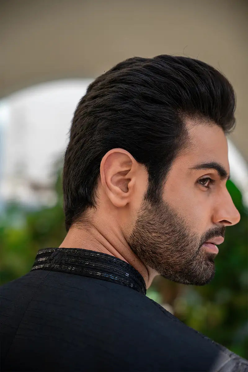 Black Embroidered Brocade Prince Suit (3-Piece) - Image 3